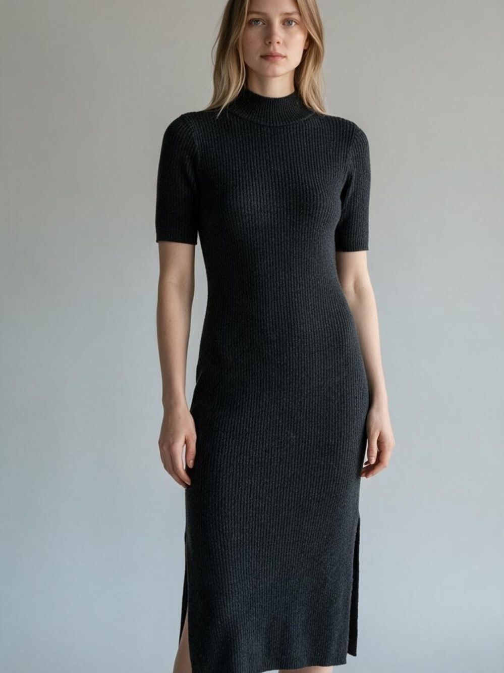 Magaschoni 100% Cashmere Ribbed Mock Neck Short Sleeve Midi Sweater Dress Grey M
